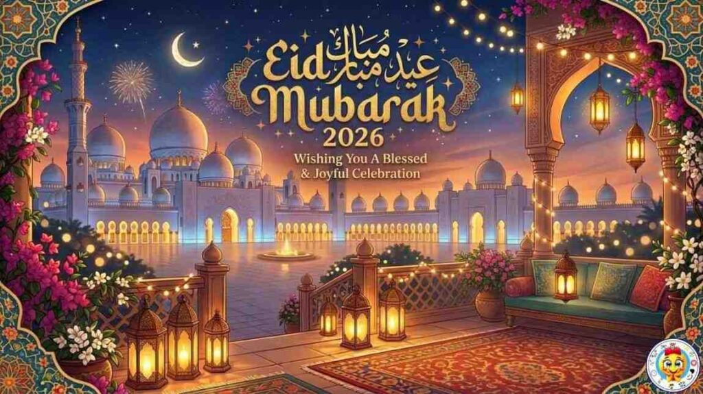 Current image: An illustration of a majestic mosque at night with fireworks, crescent moon, and golden Eid Mubarak 2026 text with a serene courtyard and hanging lanterns.