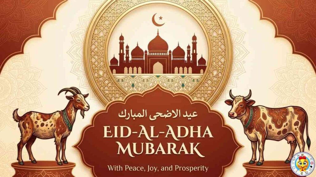 An Eid-al-Adha Mubarak card in a brown and gold geometric design, featuring illustrations of a sacrificial goat and a sacrificial cow flanking a mosque icon.