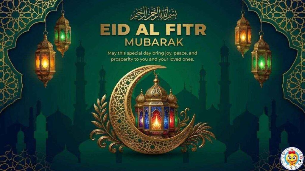 An Eid al-Fitr Mubarak greeting with golden lanterns, green lanterns, and a large golden crescent moon containing a mosque, against a teal background.