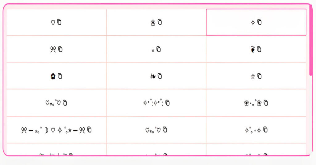 A grid of aesthetic Unicode symbols including hearts, stars, and floral dividers with copy icons on a light pink background for text decoration