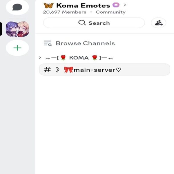 A mobile screenshot of a Discord server named Koma Emotes showing a decorative category header with roses and a channel named main-server decorated with a red bow and heart symbol