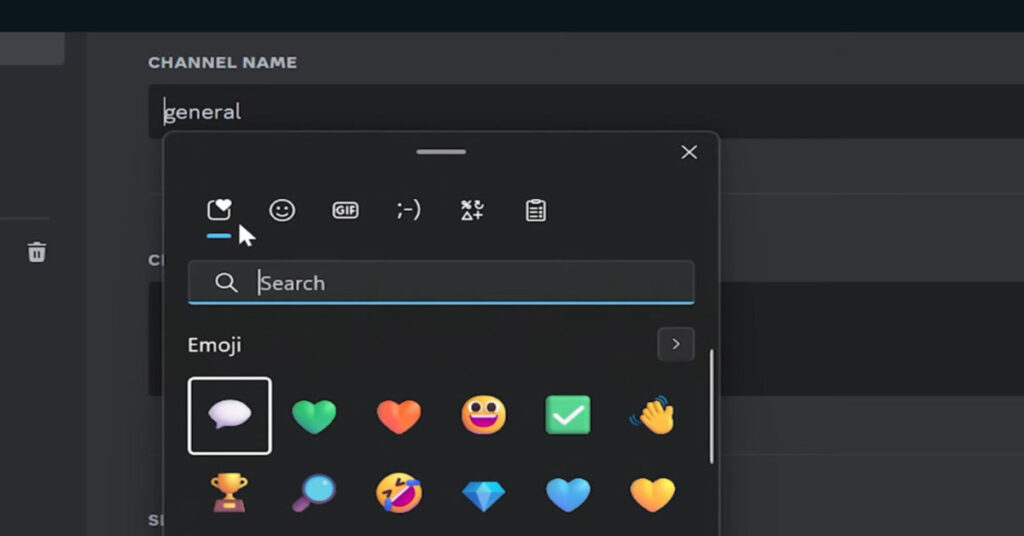A screenshot showing the Discord channel name editor with a search bar for emojis and aesthetic symbols to customize server branding.