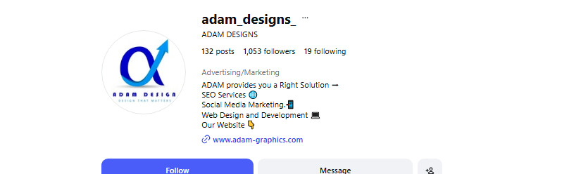 Example of a professional Instagram business profile with a creative username like Adam Designs